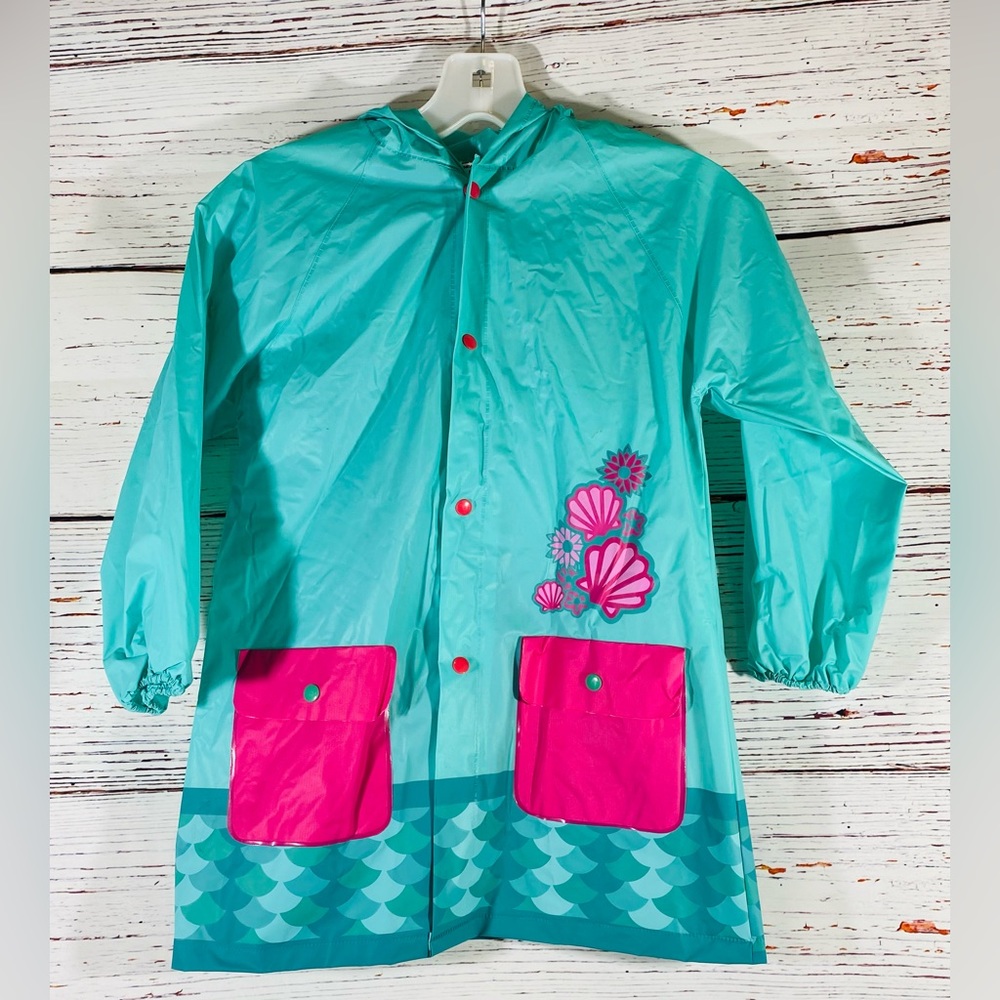 Lilly Of New York Mermaid Rain Jacket Coat Size Kids Large Teal Pink Hooded
